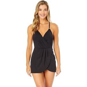 NWT New Anne Cole Size 8 Black Thin Strap One Piece Swimsuit w Skirted Bottom